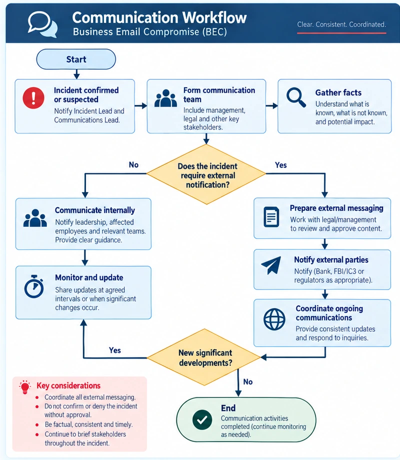 Business Email Compromise communication workflow covering incident confirmation, communication ownership, external notification decisions, ongoing updates and closure